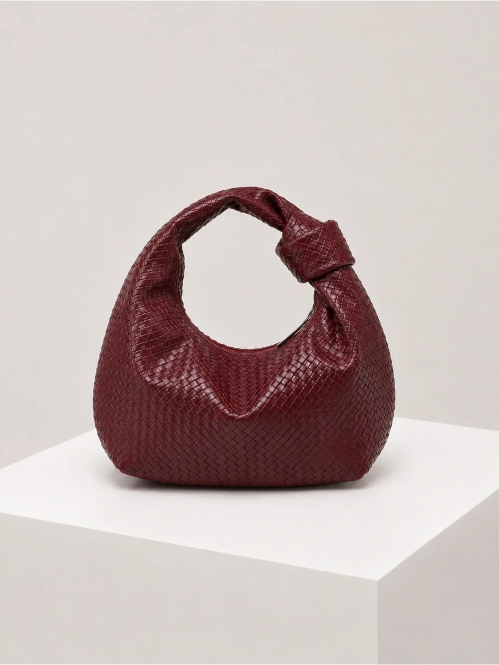 Vintage Inspired Burgundy Woven Faux Leather Hobo Shoulder Bag